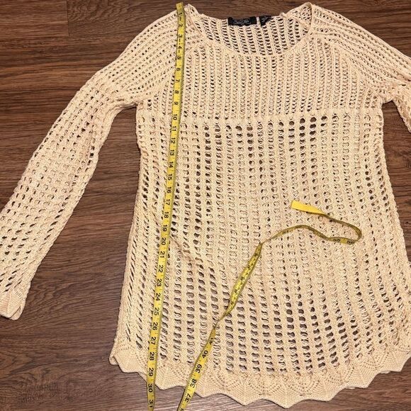 Crystal Kobe Boho Crochet Tunic Sweater Cream Minimalist Asymmetrical Hem Large - Picture 6 of 9